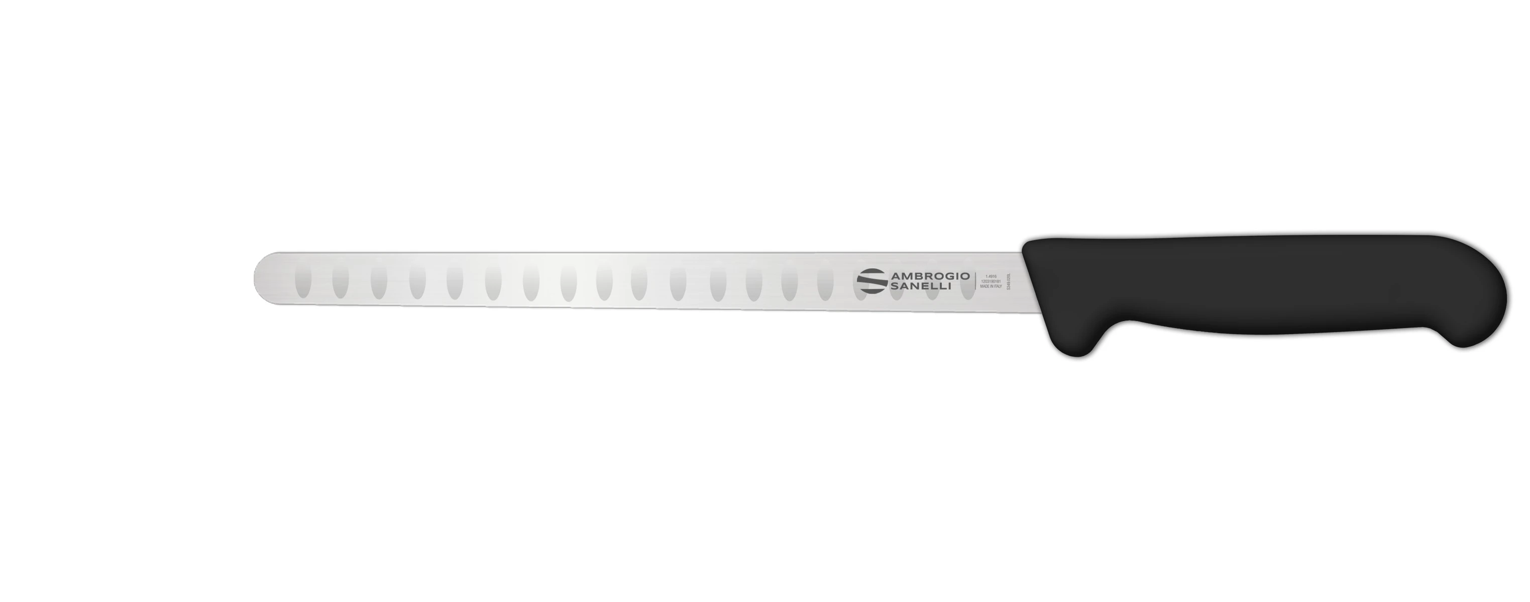Нож Sanelli Ambrogio серии Supra, SA56028B, для лосося с возд/карманами 280 мм, черный Нож Sanelli Ambrogio серии Supra, SA56028B, для лосося с возд/карманами 280 мм, черный